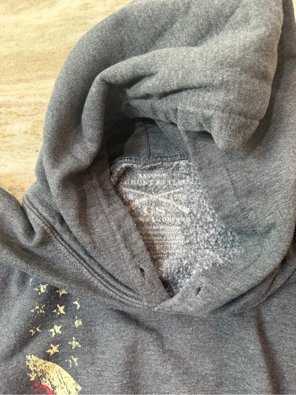 Grunt Style Gray Hoodie with Distressed American Flag Accents